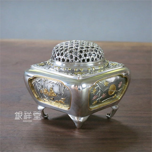 Silver Incense Burner Square Four Seasons