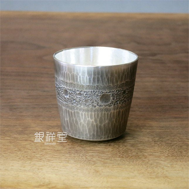Sterling silver sake cup linear pattern black