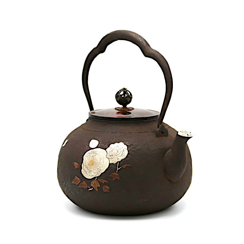 Peony crest inlaid silver mouth iron kettle