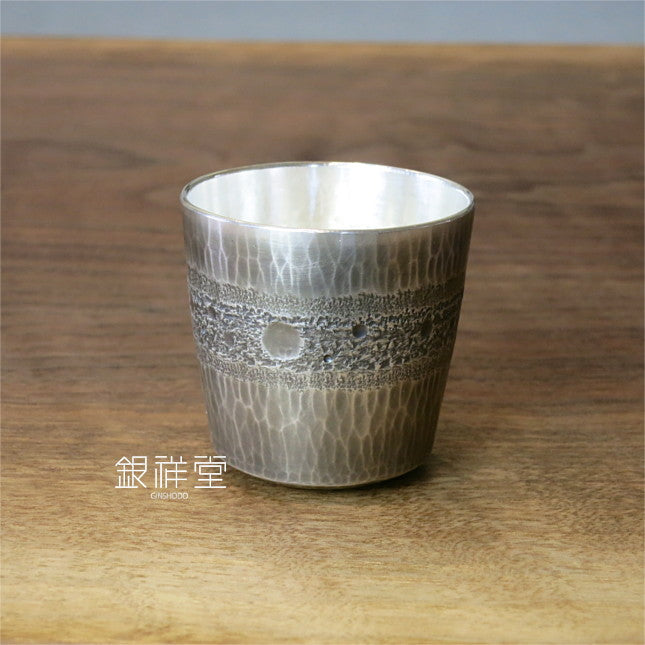 Sterling silver sake cup linear pattern black