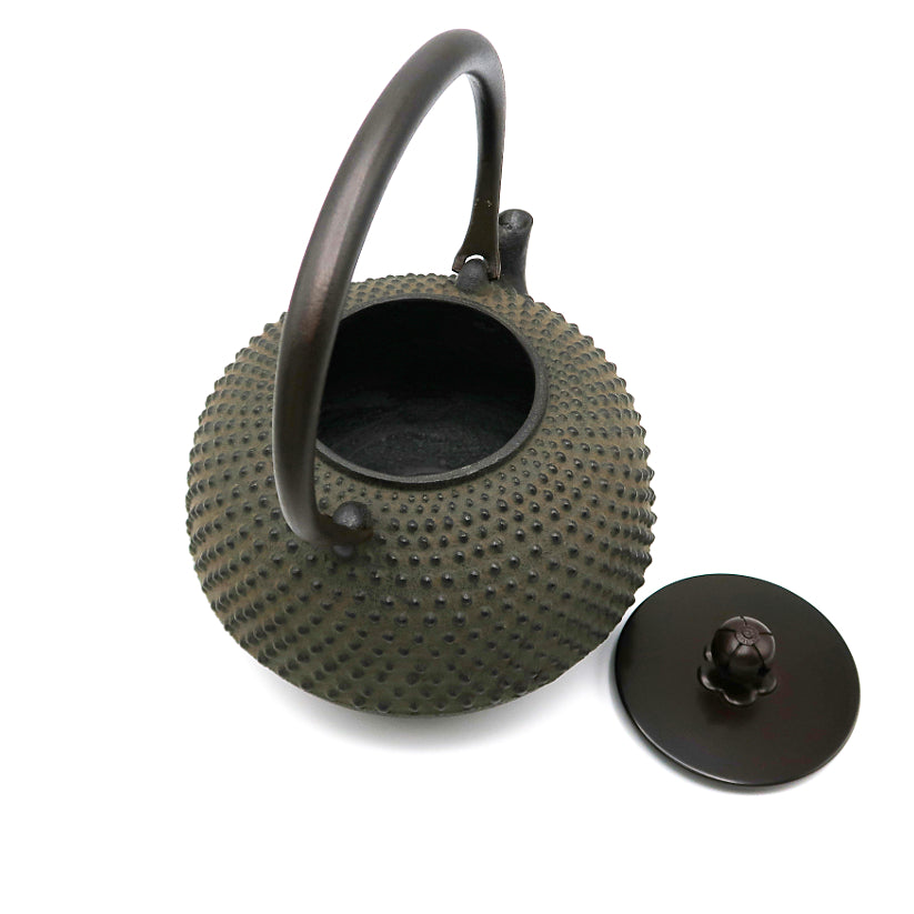 Flat round iron kettle made by Masamitsu