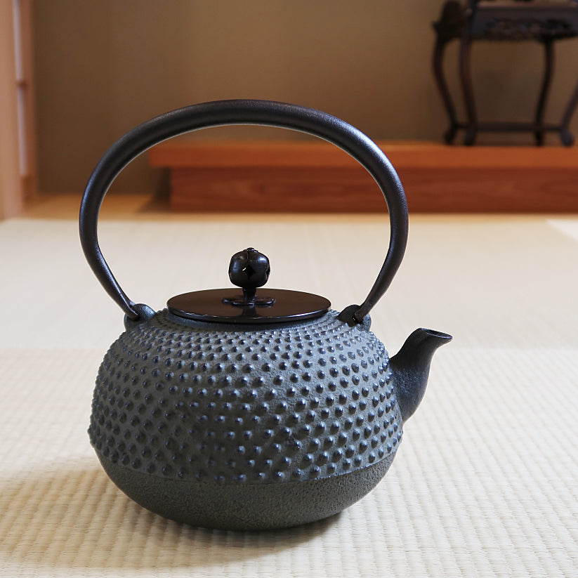 Flat round iron kettle made by Masamitsu