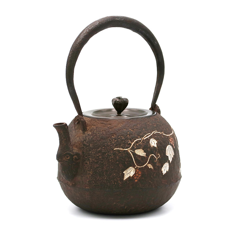 Ryubundo 銀勝堂仿製葡萄紋鑲嵌鐵壺