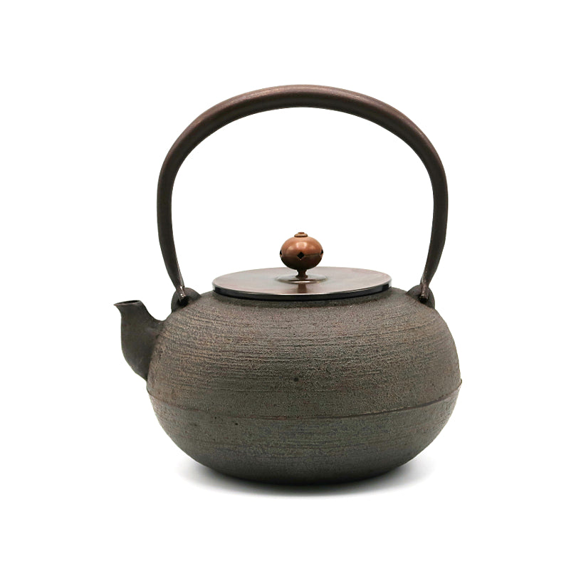 Flat round iron kettle by Kiyomitsu