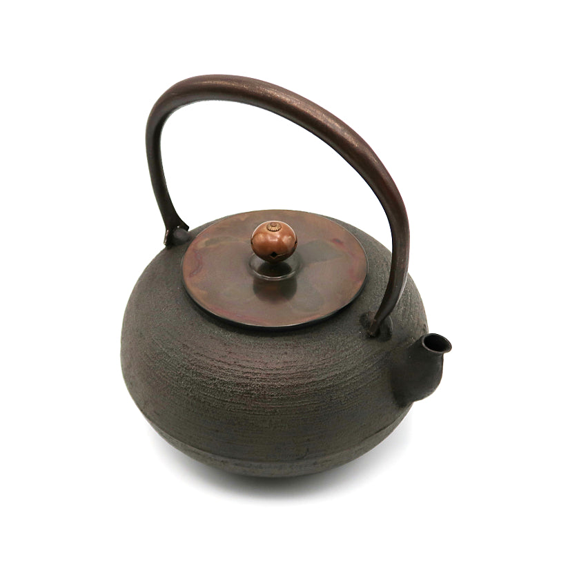 Flat round iron kettle by Kiyomitsu